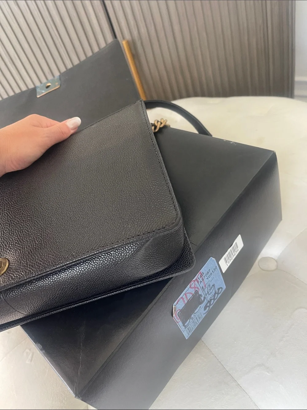 CHANEL Black Quilted Caviar Leather Boy Chanel Bag with Gold Hardware